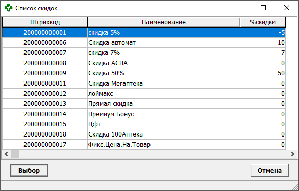 Список скидок